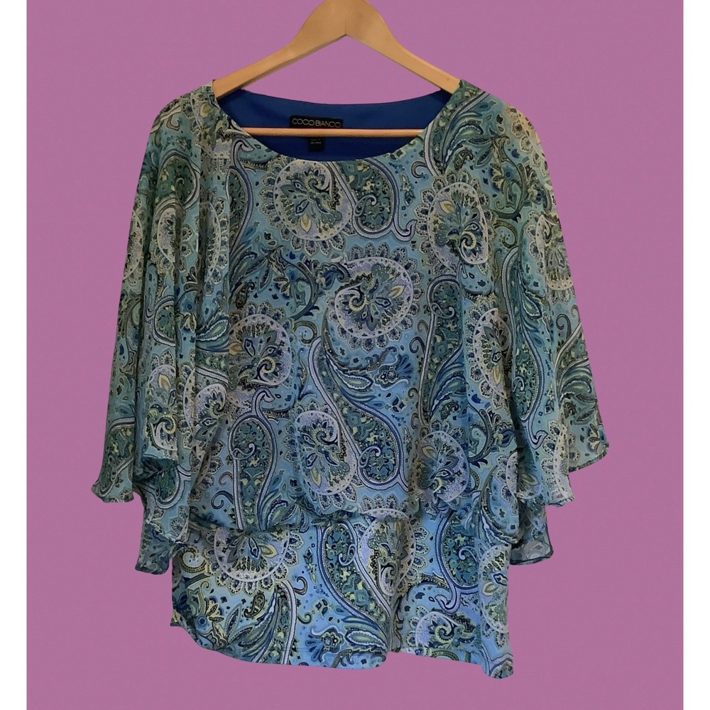 Coco Bianco Paisley Print Blouse Boho Womens XL Blue Flutter Sleeve Top